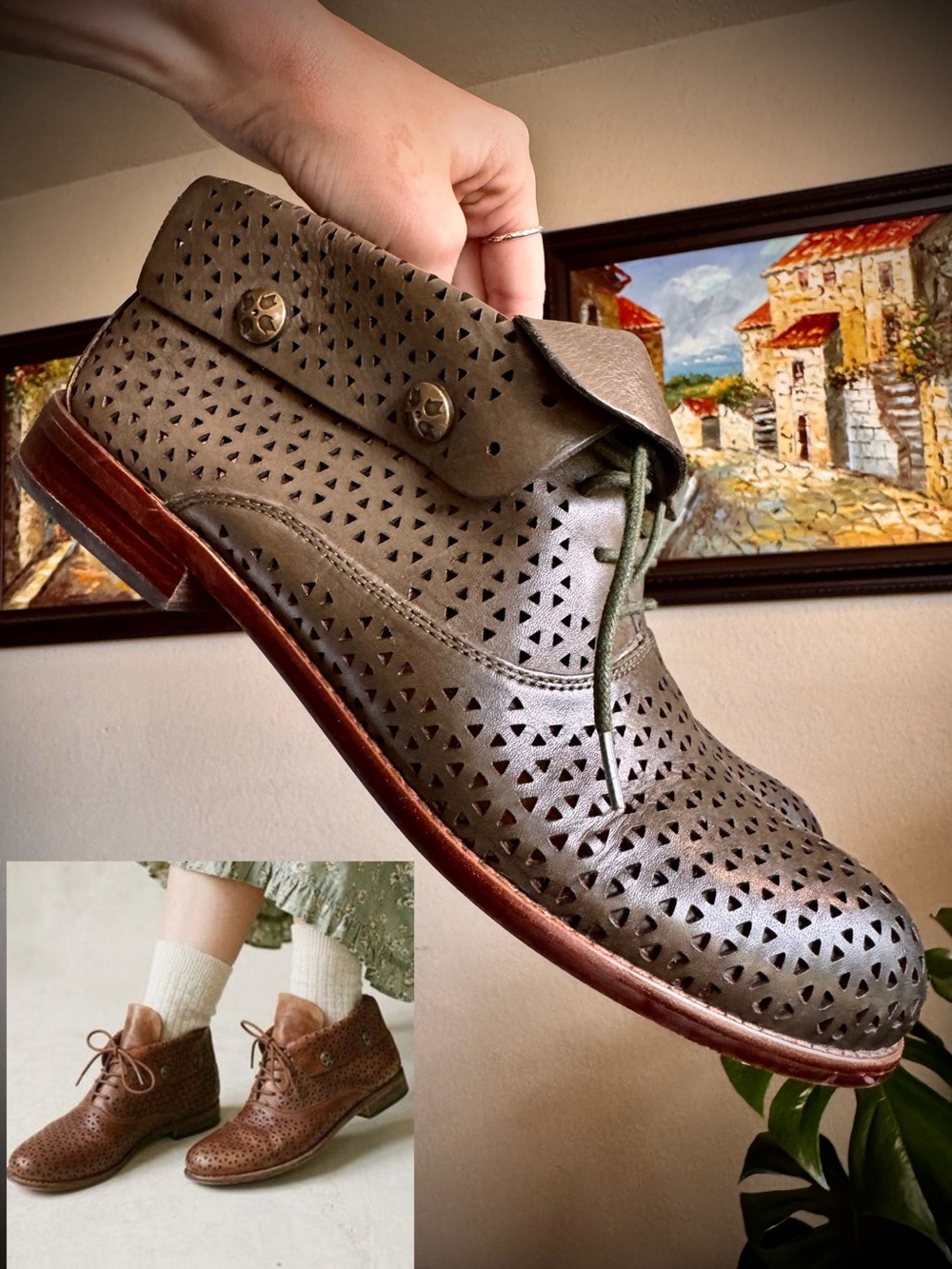 Patricia Nash Sabrina Olive Green Perforated Leather Boots Ankle Booties 9.5